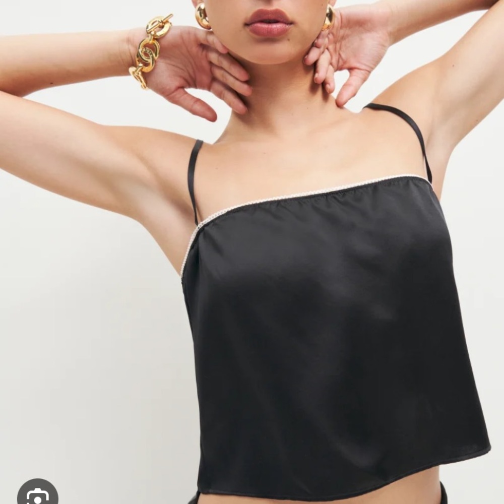 Reformation Black Satin Spaghetti-Strap Cami with White Trim